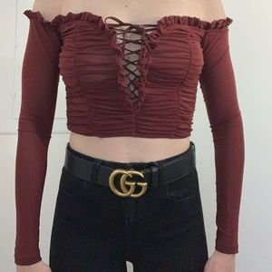 Off the shoulder burgundy lace up top